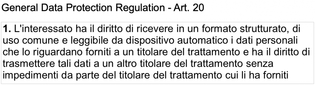 Articolo 20 del GDPR che sancisce il diritto alla portabilità dei dati.